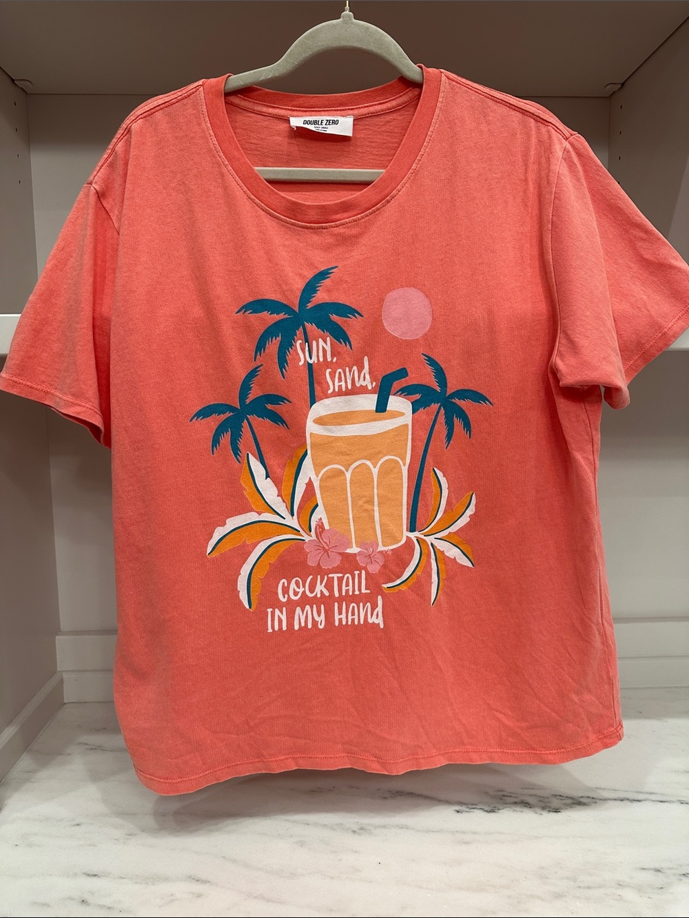 Double Zero small Sun Sand Cocktail Graphic Tee - Coral.  Like new